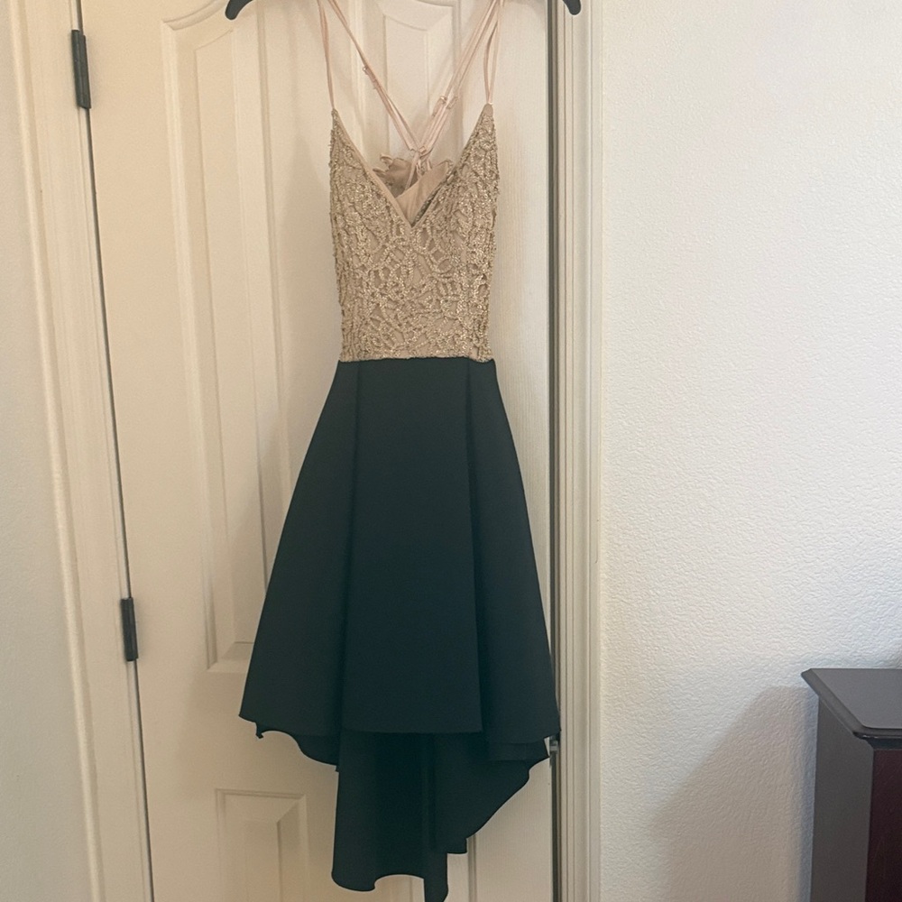Lace Bodice High-Low Cocktail Dress - Black and Gold